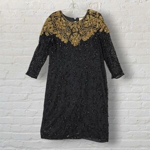 Vintage Silk Black and Gold Beaded Dress 1980s, Shoulder Pads XL